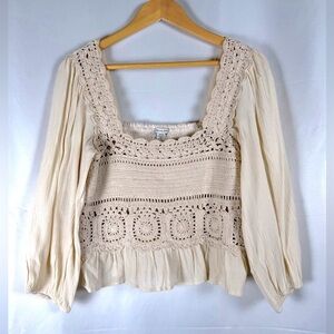 American Eagle Square Neck Top Boho Crochet Cottagecore Milkmaid Neutral Ivory M